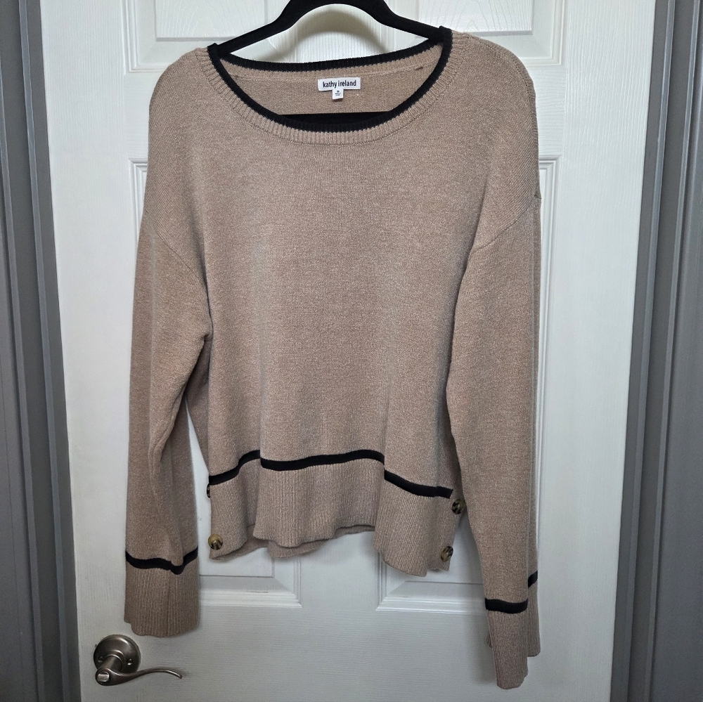 Kathy Ireland Tan Sweater with Black Accents And Button Detail Size 1x